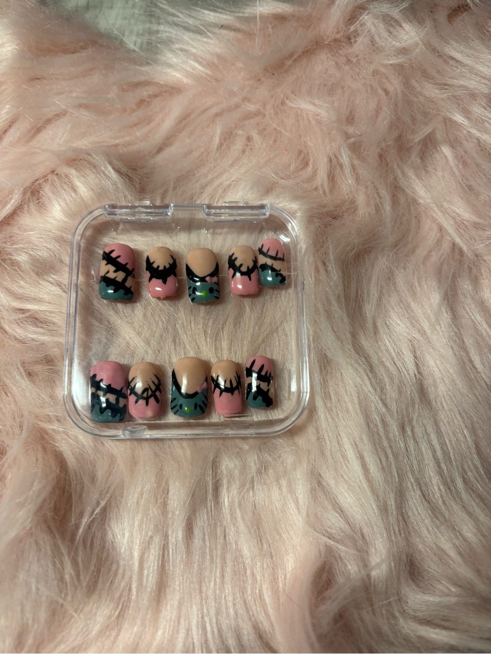 Pink & Beige Kids Press-On Nails with Black Stitch Art